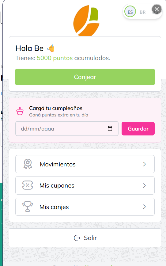 Panel con saldo de puntos, carga de cumpleaños y opciones Movimientos, Mis cupones y Mis canjes