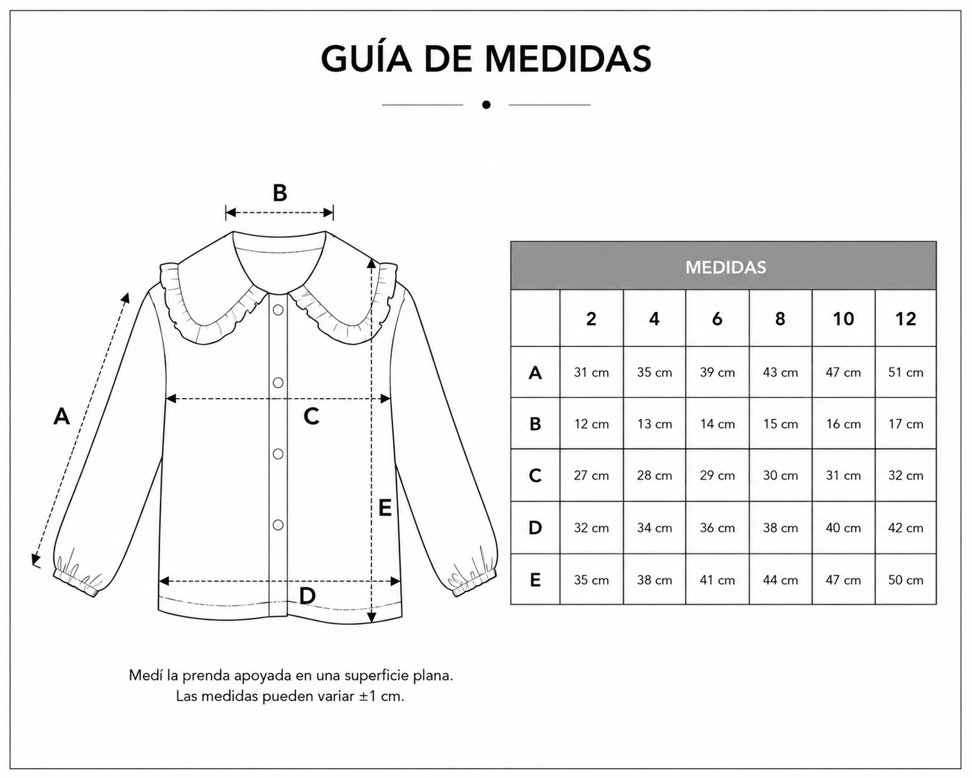 Guía de medidas de camisas, talles 2 al 12
