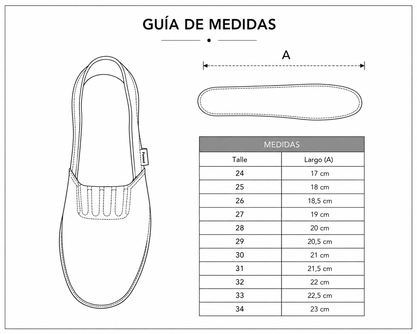 Guía de medidas de calzado, talles 24 al 34