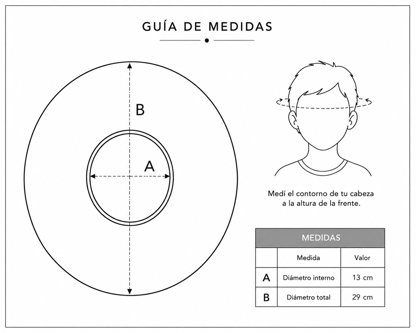 Guía de medidas de sombrero: diámetro interno 13 cm, total 29 cm