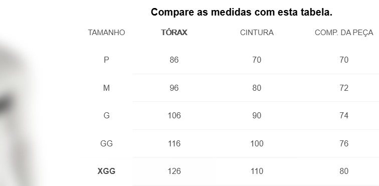 Tabela de medidas 