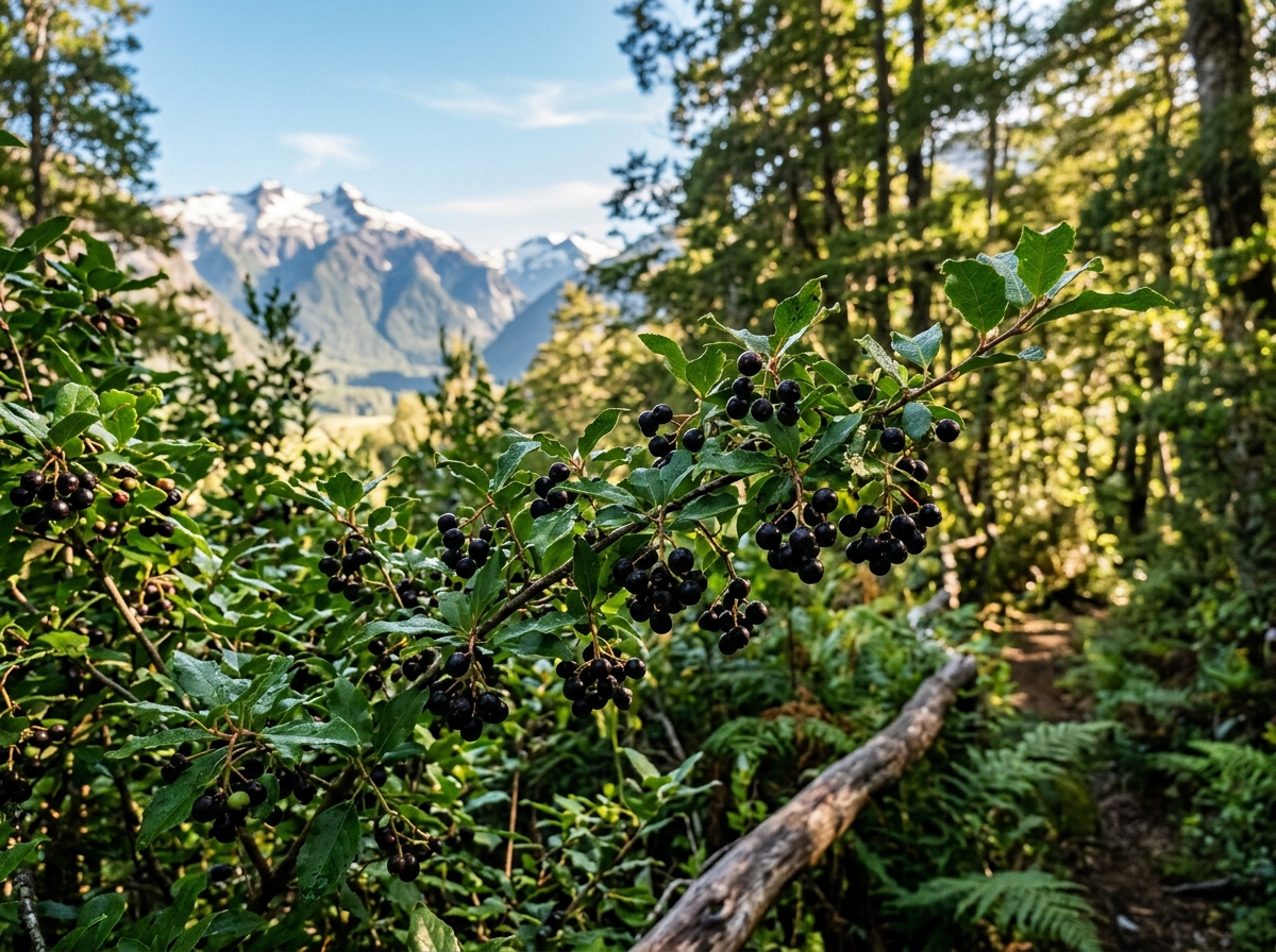 Bayas de maqui silvestre en los bosques andinos de la Patagonia
