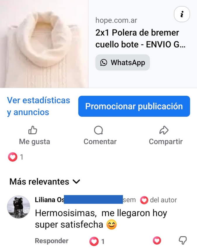 Captura de WhatsApp de una clienta