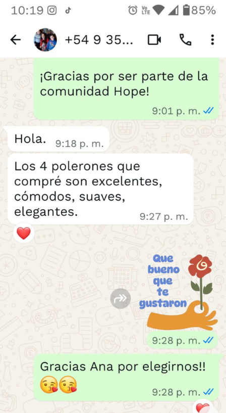 Captura de WhatsApp de una clienta
