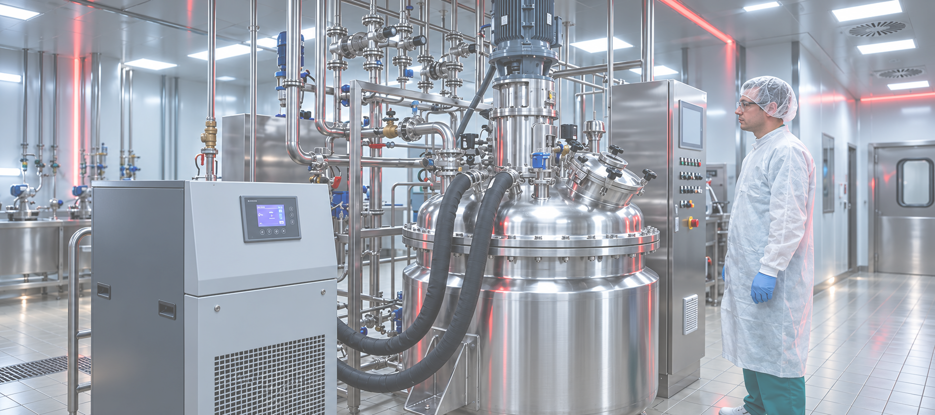 Área de produção da Photocura com reator de aço inox, tubulações e operador utilizando equipamentos de proteção.