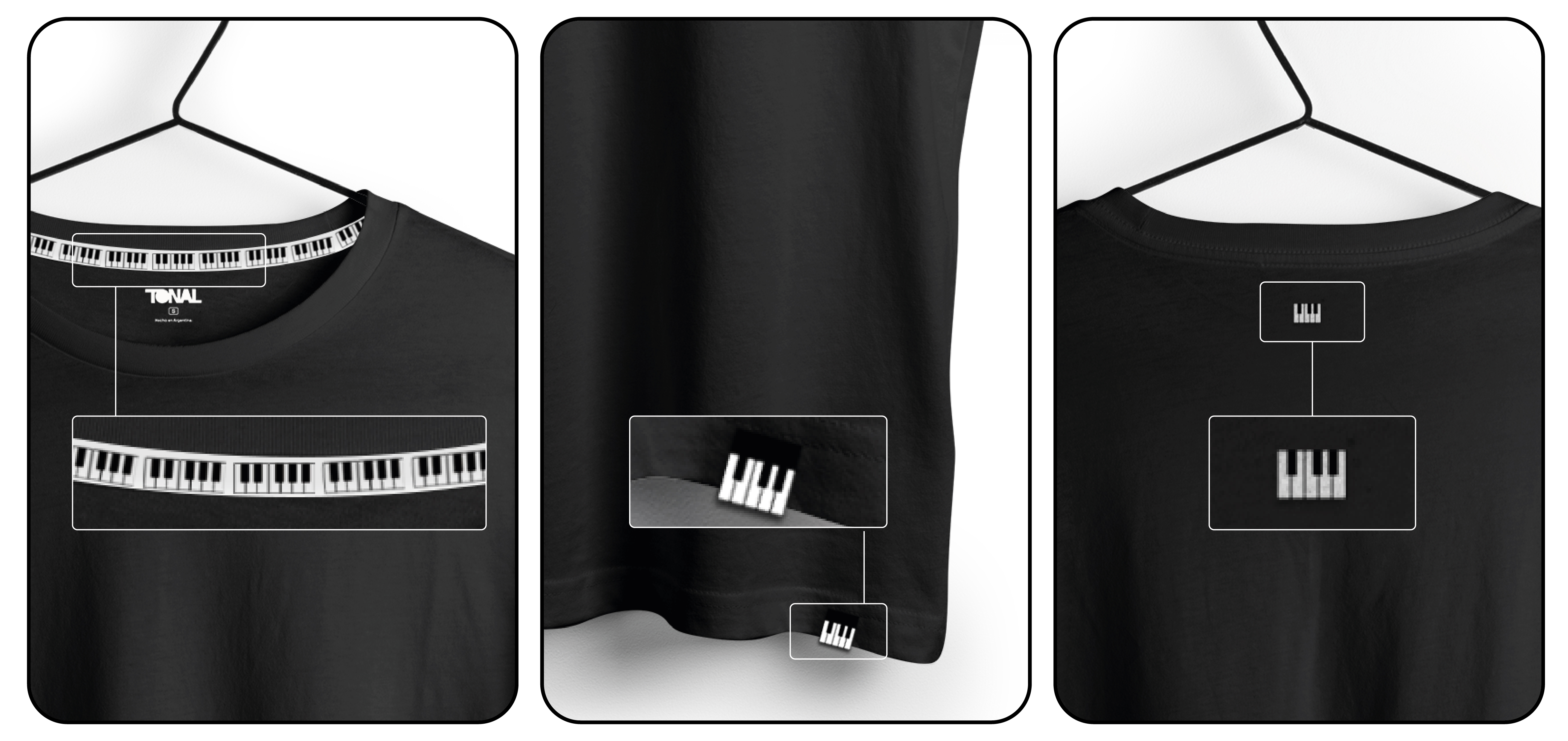 Fotografía detalle de remeras TONAL, que muestran elementos únicos diseñados por la marca.