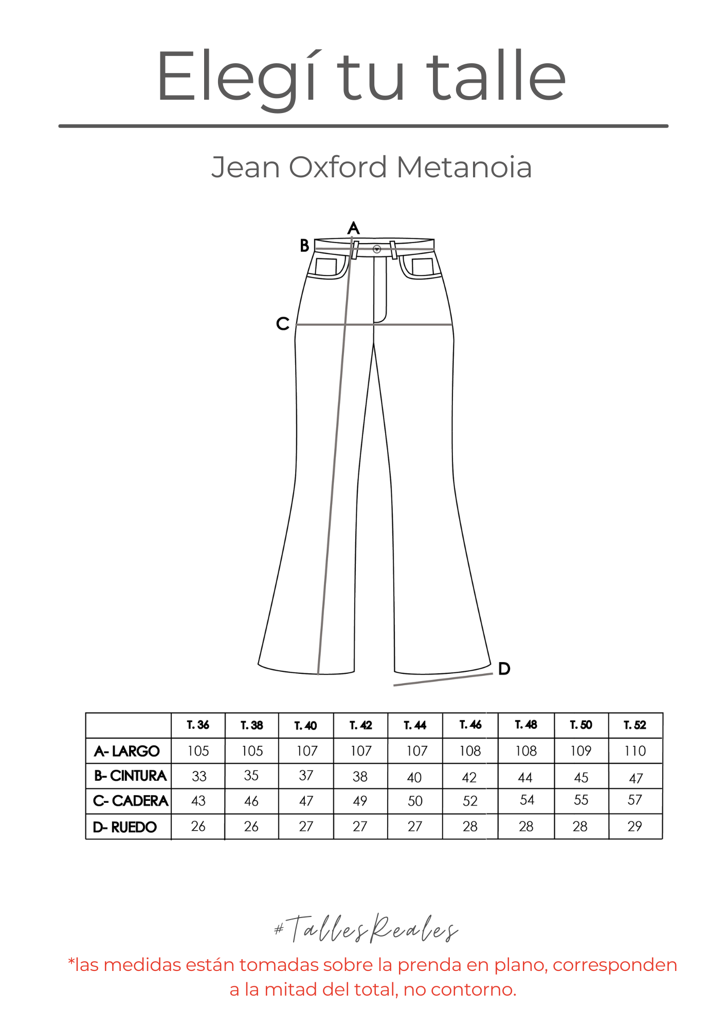 Guía de talles Jean Oxford Metanoia