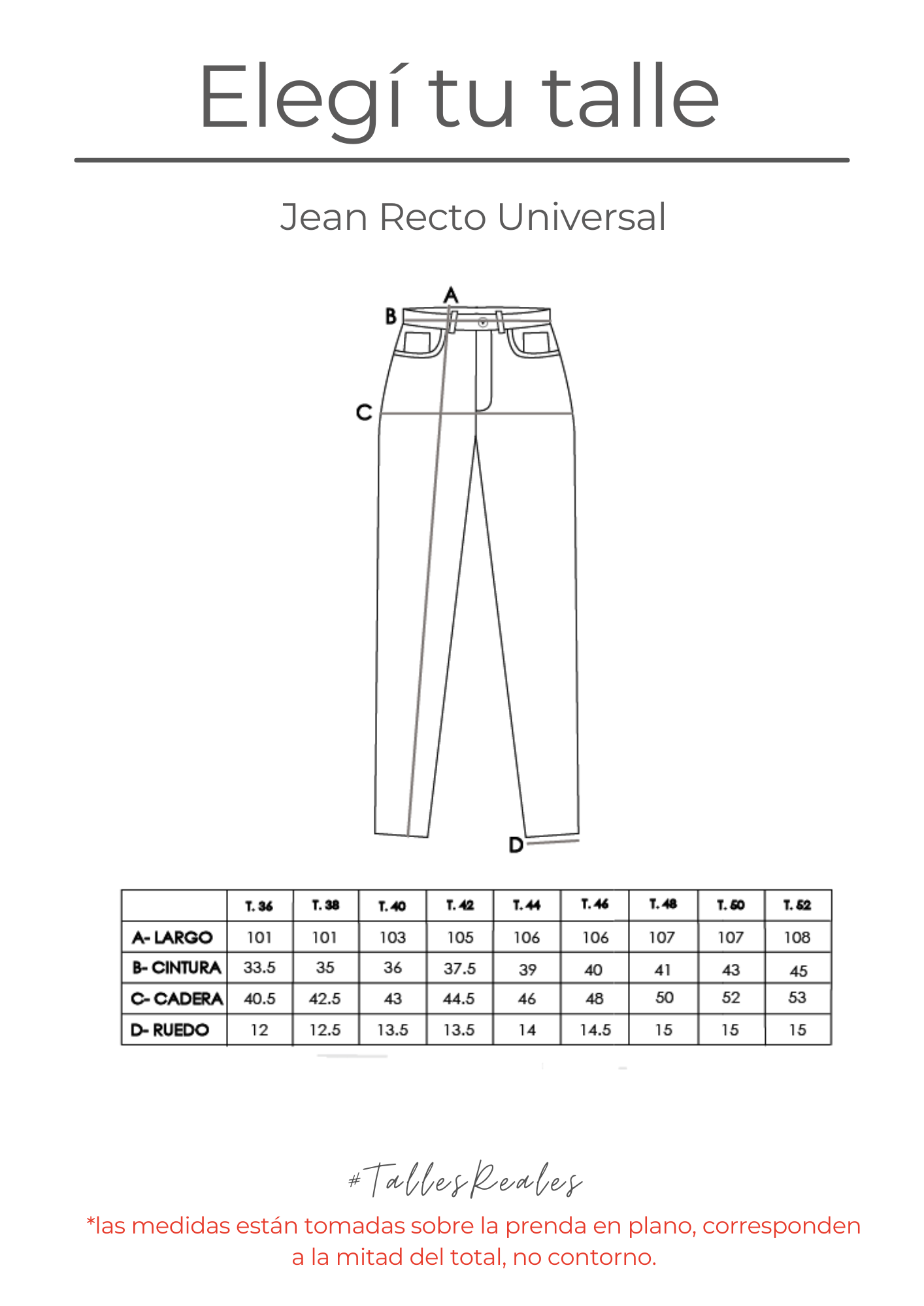 Guía de talles Jean Recto Universal