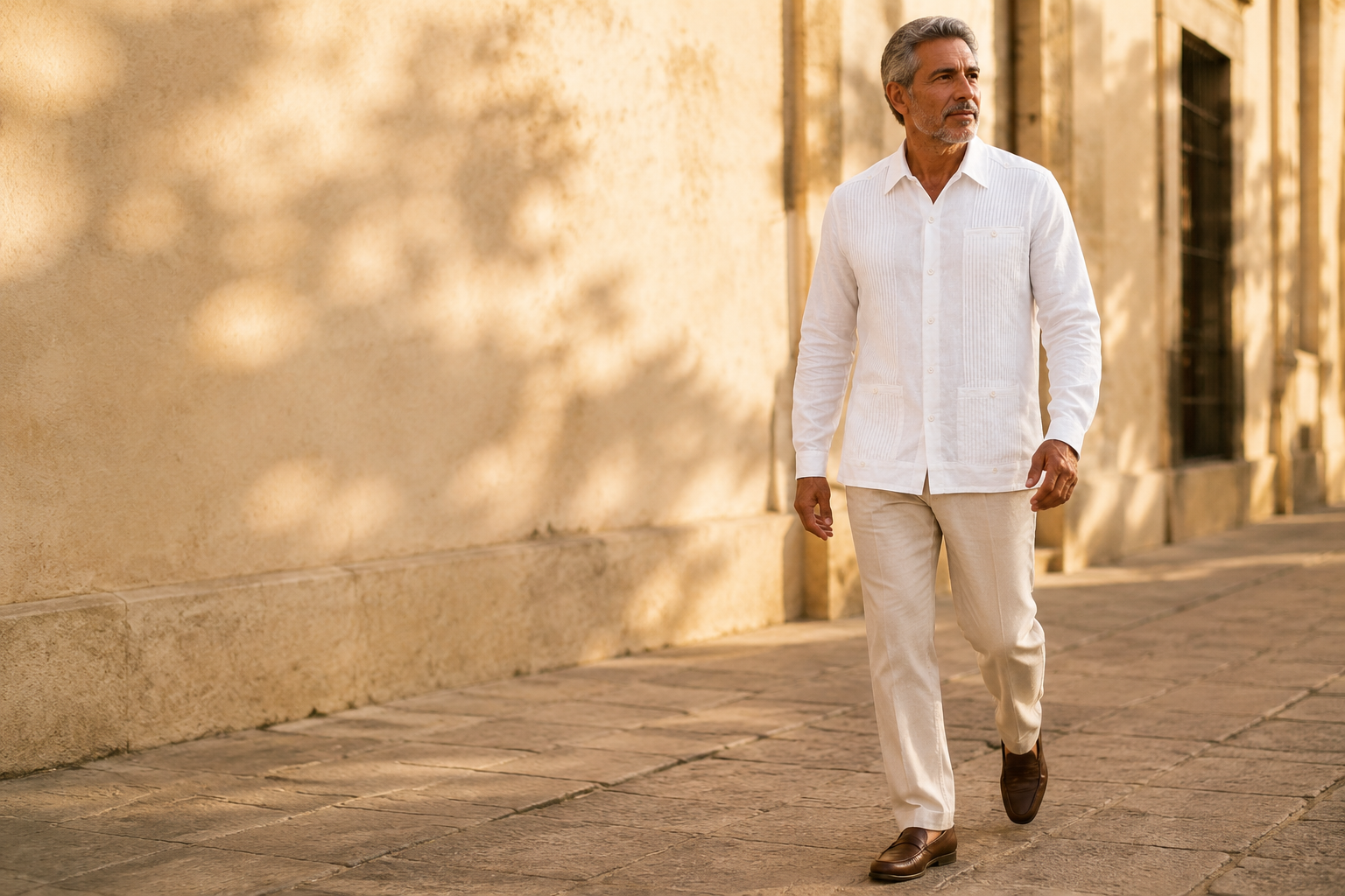 Hombre maduro caminando con guayabera blanca Mar & Ben por una calle mexicana