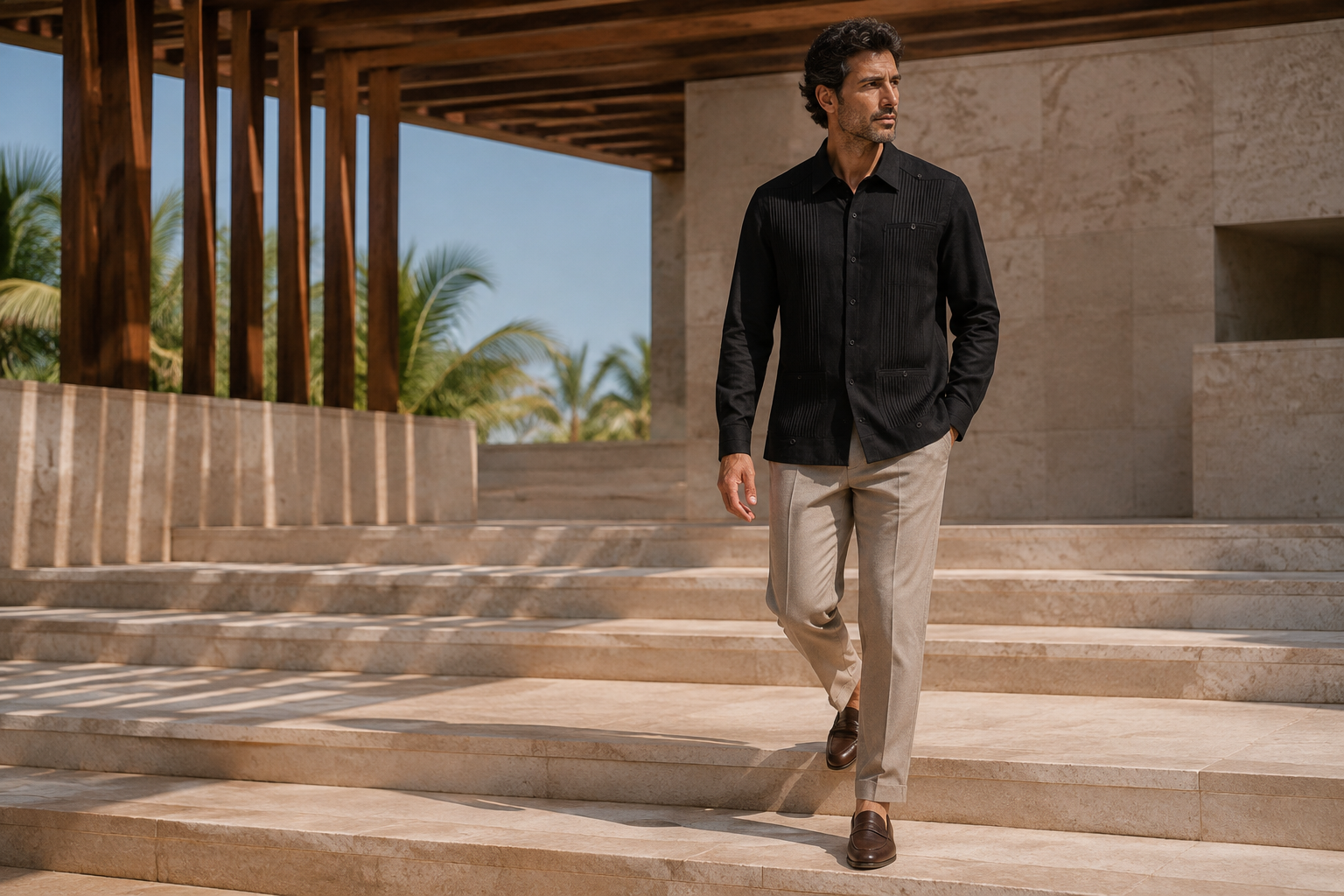 Hombre con guayabera negra Mar & Ben bajando escalones en escenario arquitectónico
