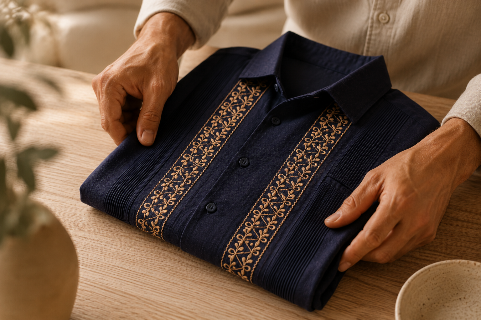 Guayabera siendo doblada sobre superficie plana
