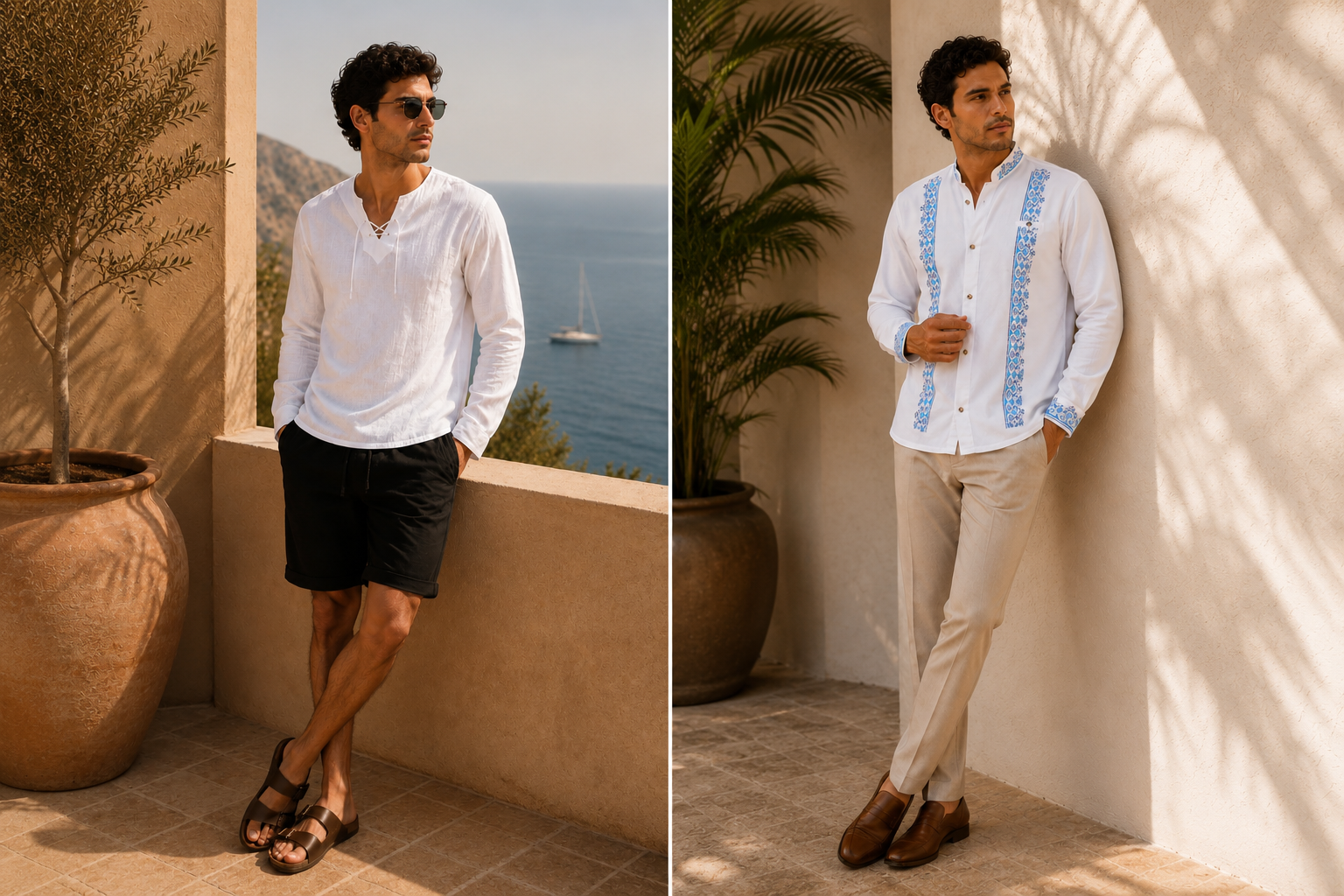 díptico de dos outfits smart casual: look casual y look formal con guayabera