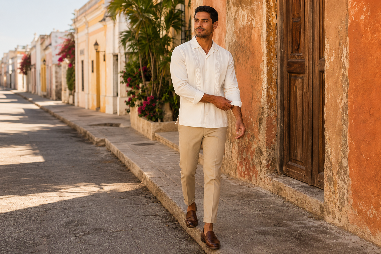 hombre con guayabera de lino en calle mexicana al atardecer