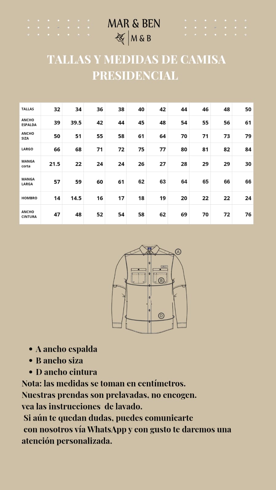 Gu&iacute;a de tallas de Guayabera Presidencial Negra