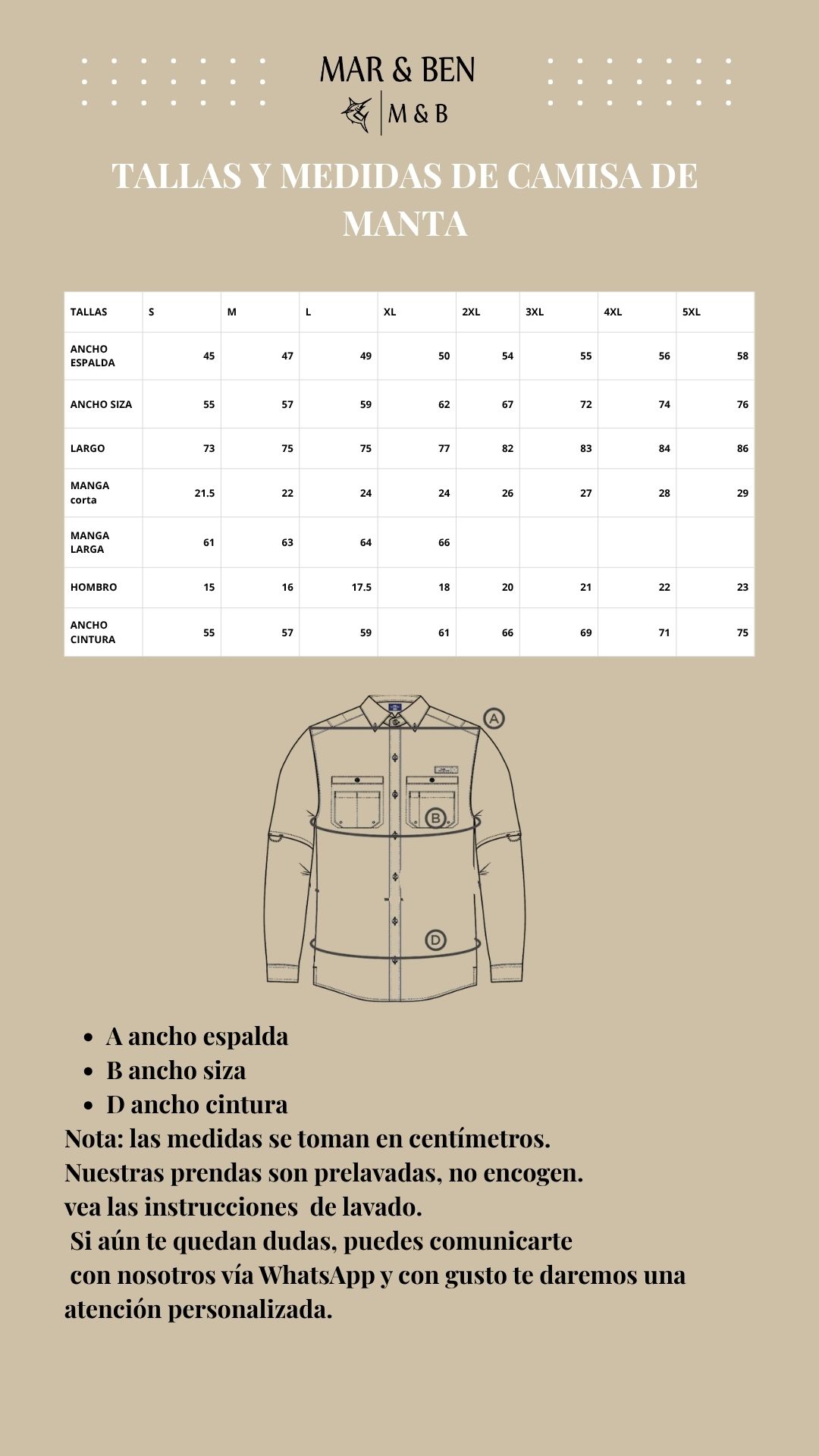 Gu&iacute;a de tallas de Camisa Mitla Blanca