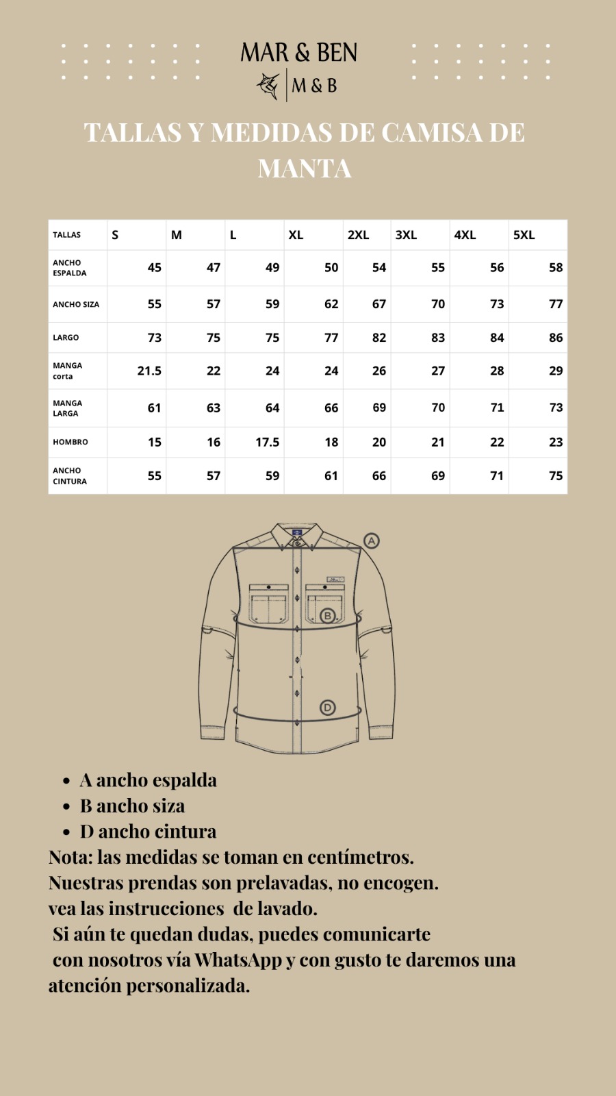 Gu&iacute;a de tallas de camisa manga larga Mar & Ben
