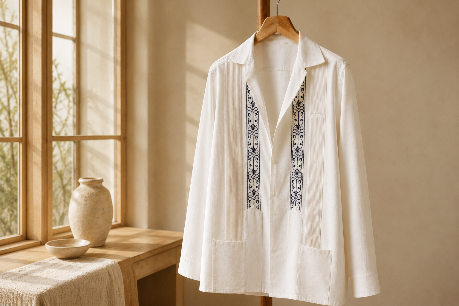 Guayabera de lino colgada en gancho de madera