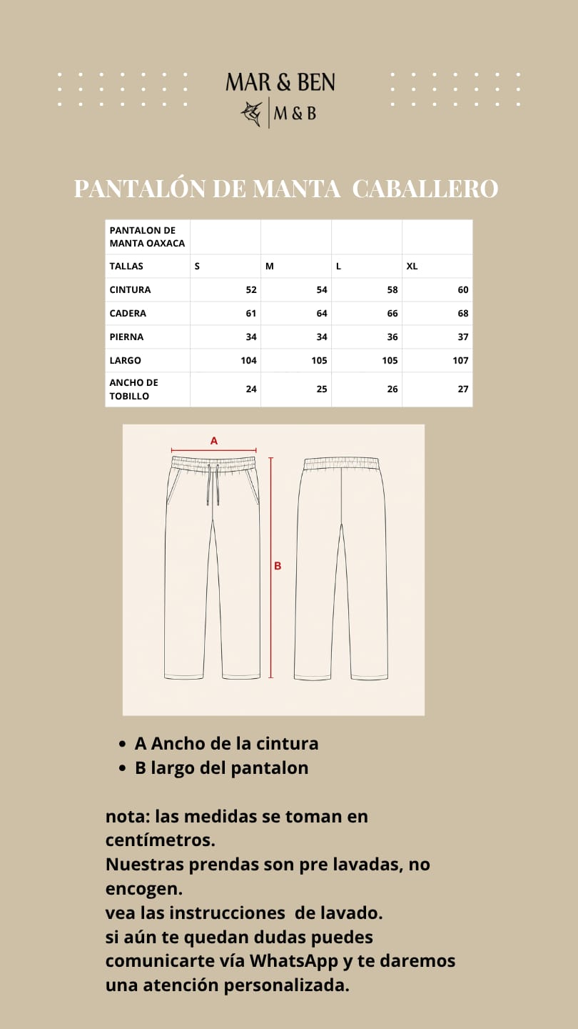 Gu&iacute;a de tallas de Pantalon De Manta Beige-Crudo Oaxaca