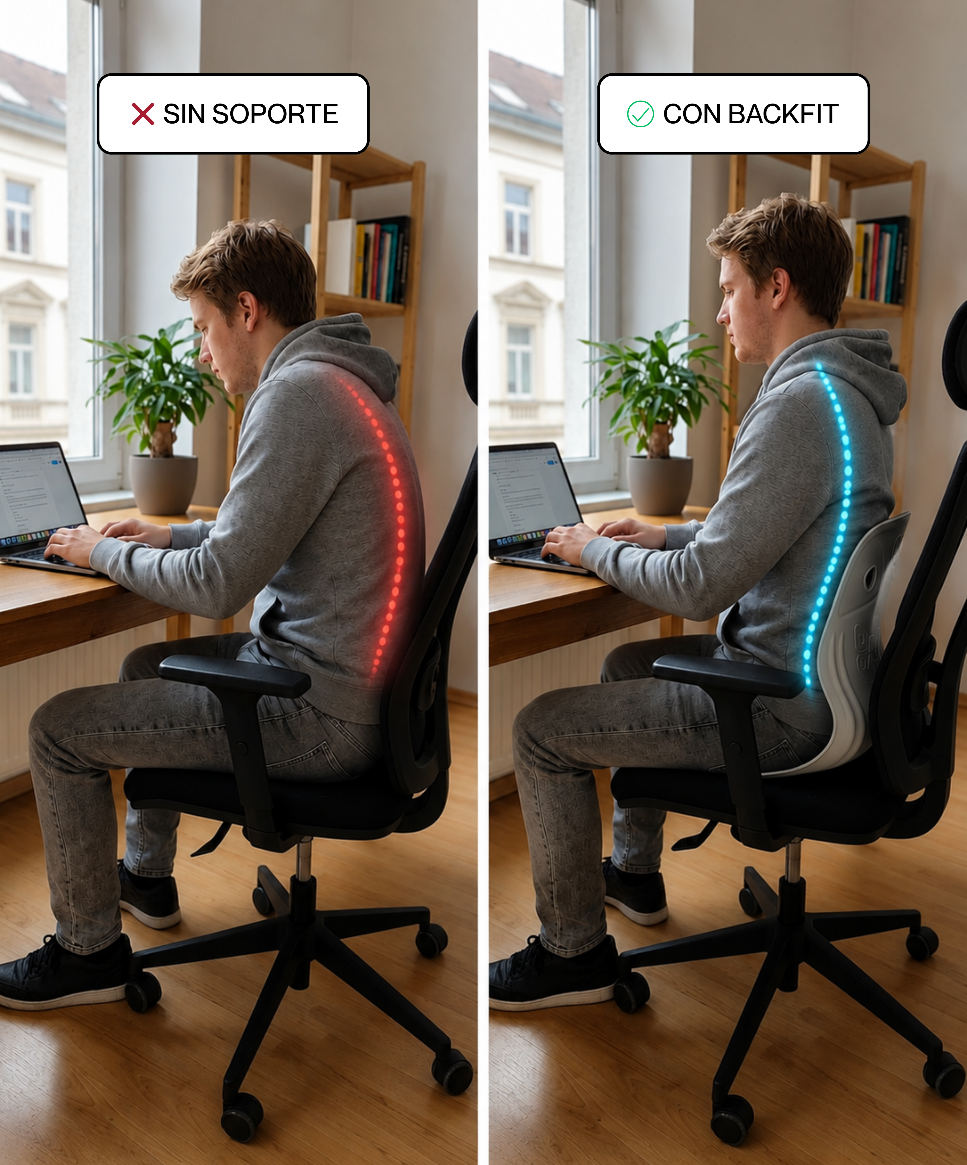 Comparaci&oacute;n de postura sentado sin soporte y con BackFit