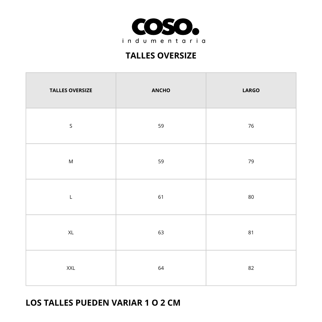 Tabla de talles oversize