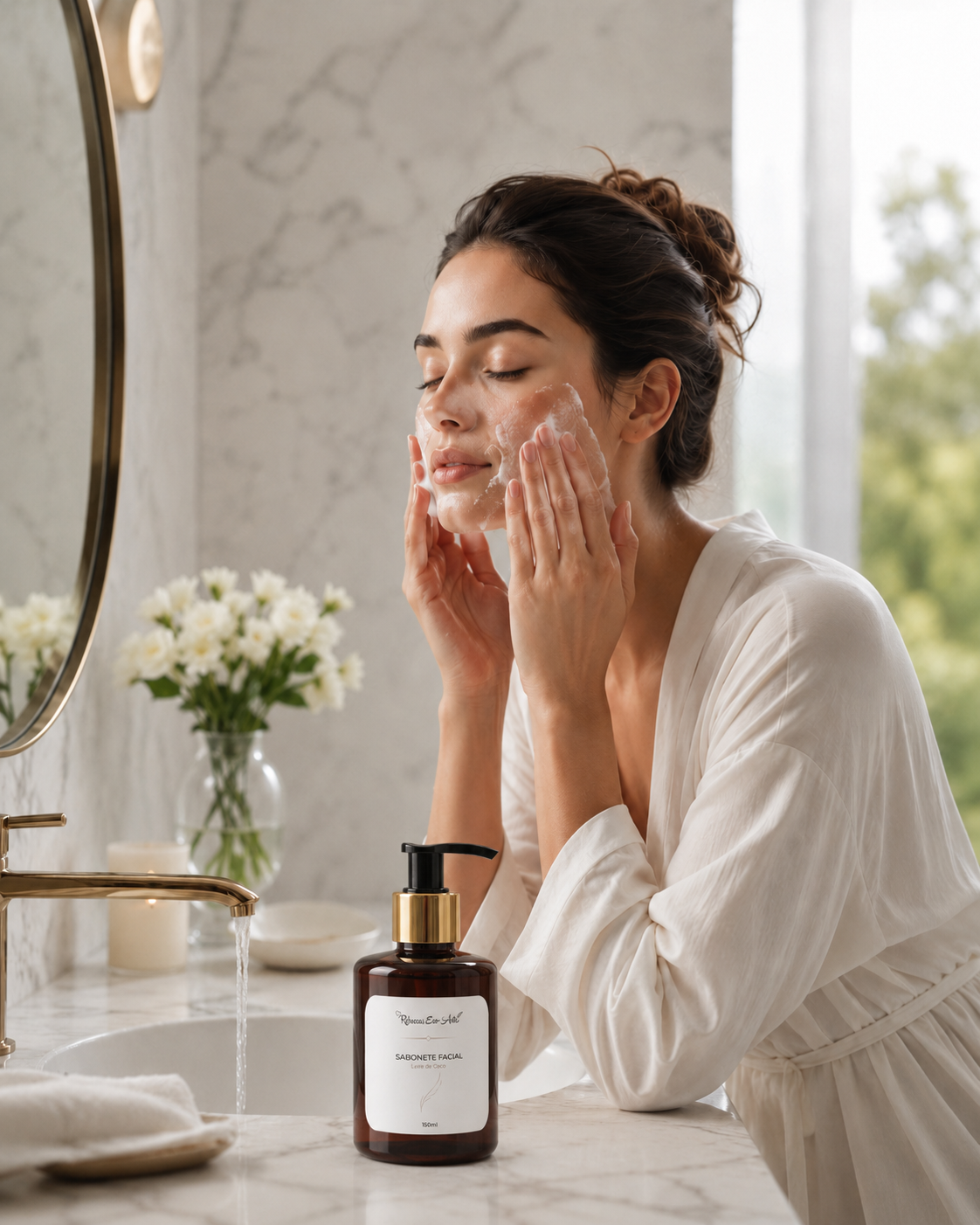 Mulher realizando limpeza facial durante rotina de cuidados com a pele.