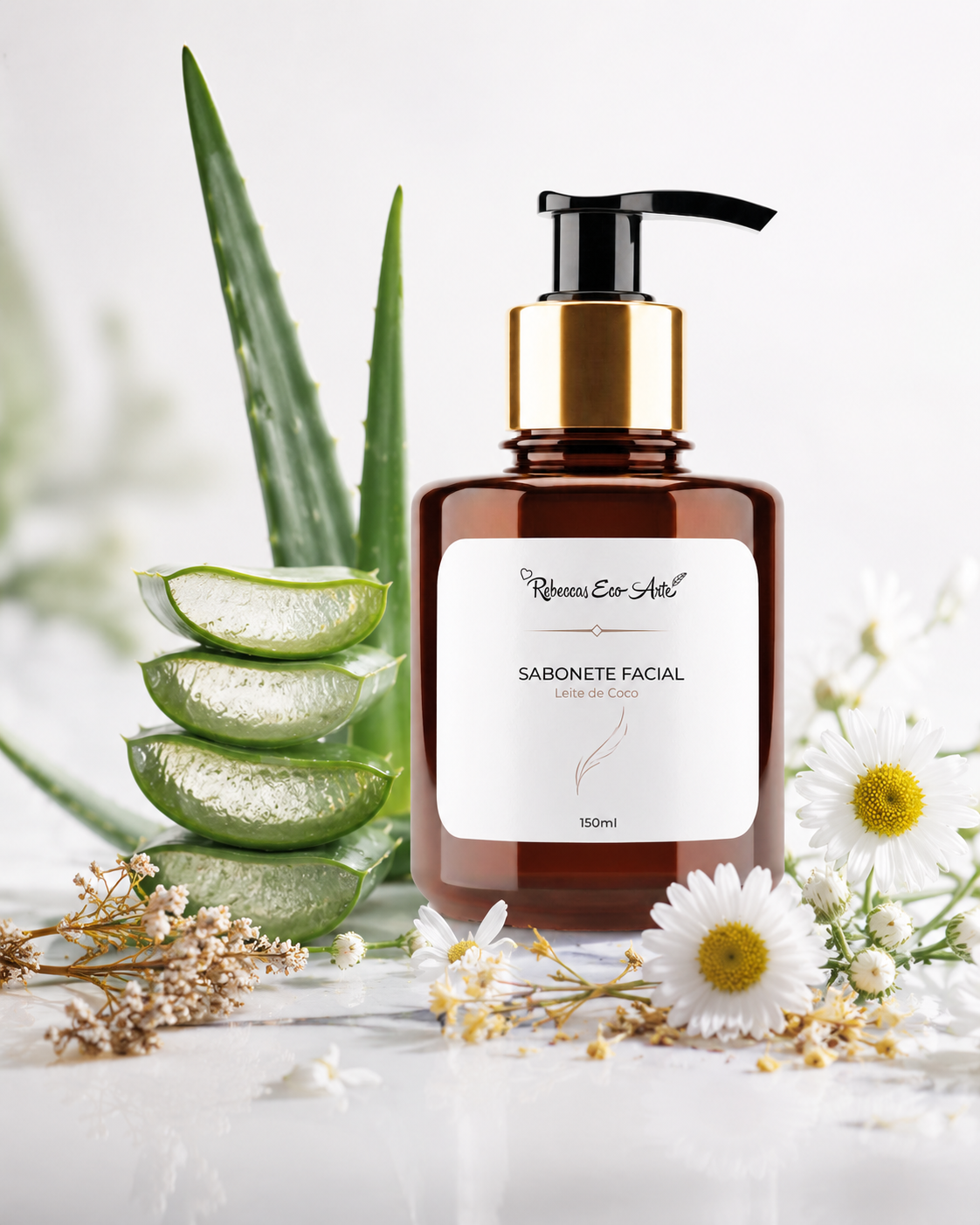 Sabonete facial Rebecca's Ecoarte com aloe vera e camomila representando ingredientes utilizados em cuidados naturais com a pele.