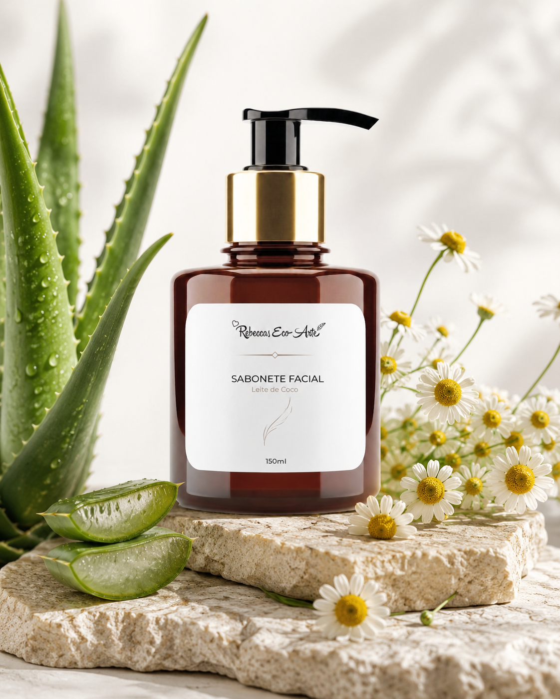 Sabonete facial Rebecca's Ecoarte com ingredientes botânicos utilizados em cuidados diários com a pele.