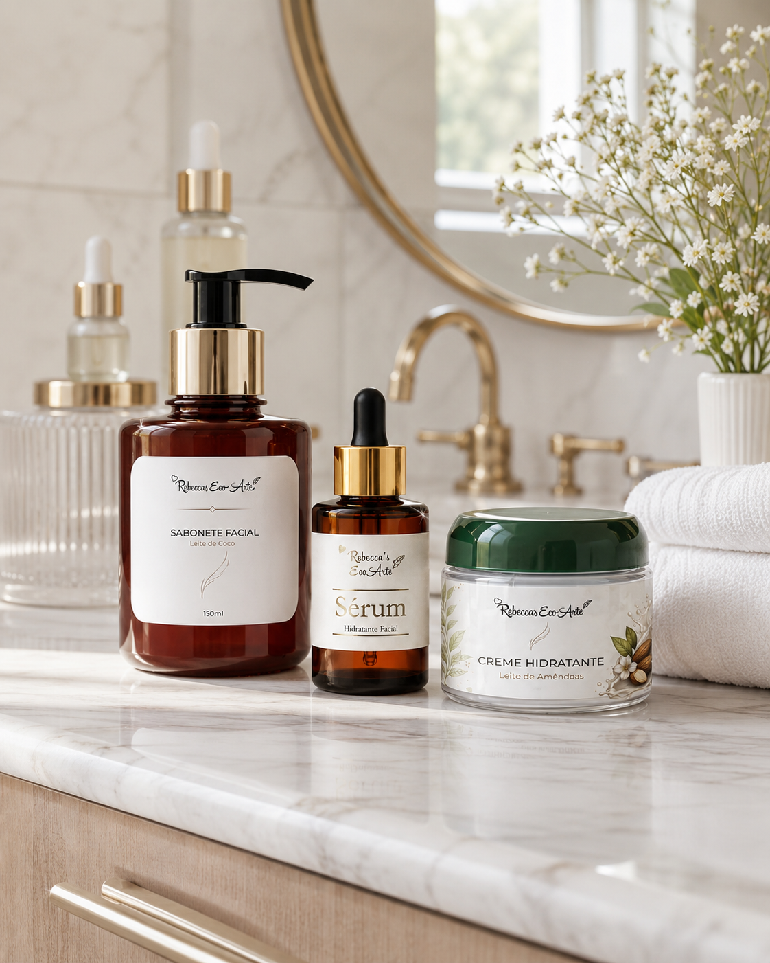 Produtos de limpeza facial organizados em bancada elegante de banheiro.