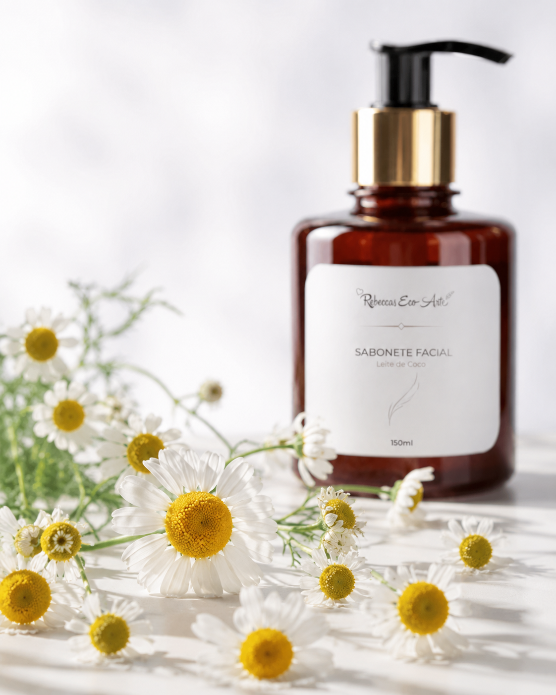 Flores de camomila utilizadas como ingrediente em produtos para cuidados com a pele.