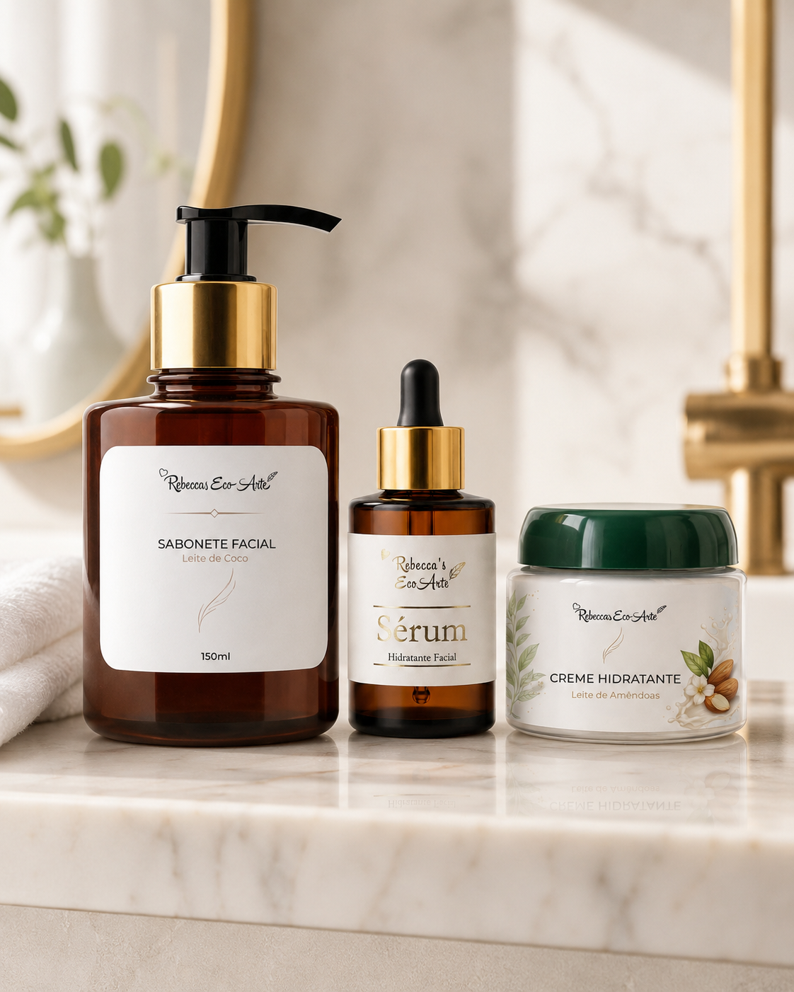 Produtos de skincare organizados em bancada elegante com destaque para sabonete facial.