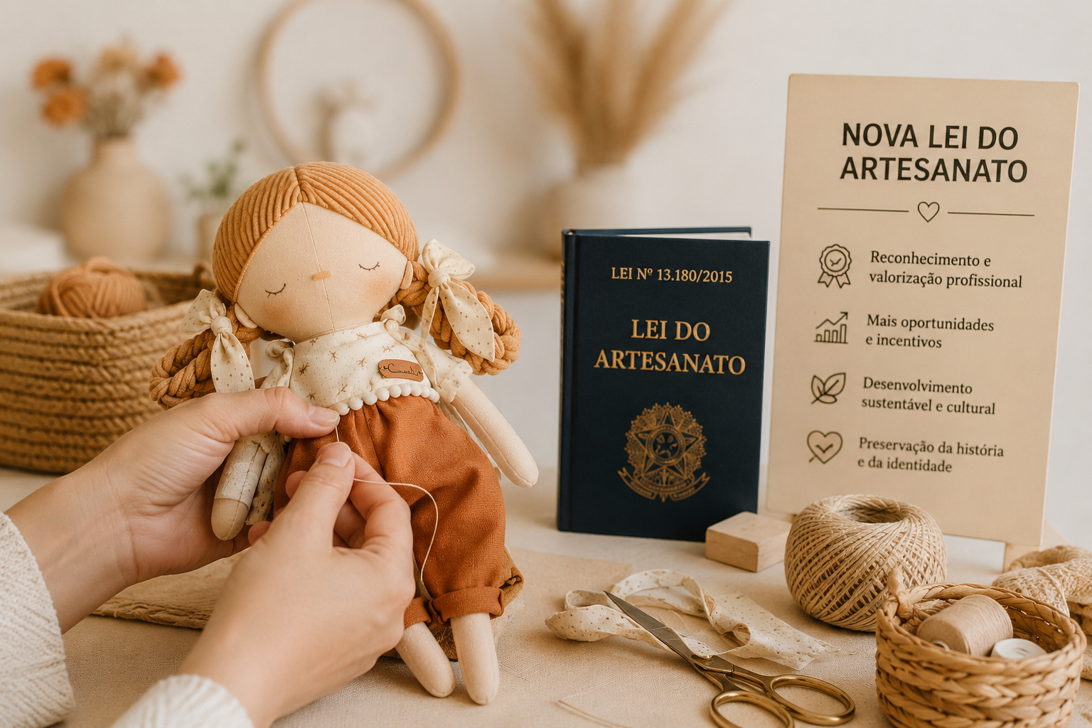 Bonecos artesanais da Coleção Sorrisos representando o trabalho das bonequeiras brasileiras reconhecidas pela Lei 15.419 Pra cego ver: bonecos artesanais da Coleção Sorrisos, feitos em tecido, aparecem juntos em uma imagem delicada e acolhedora.