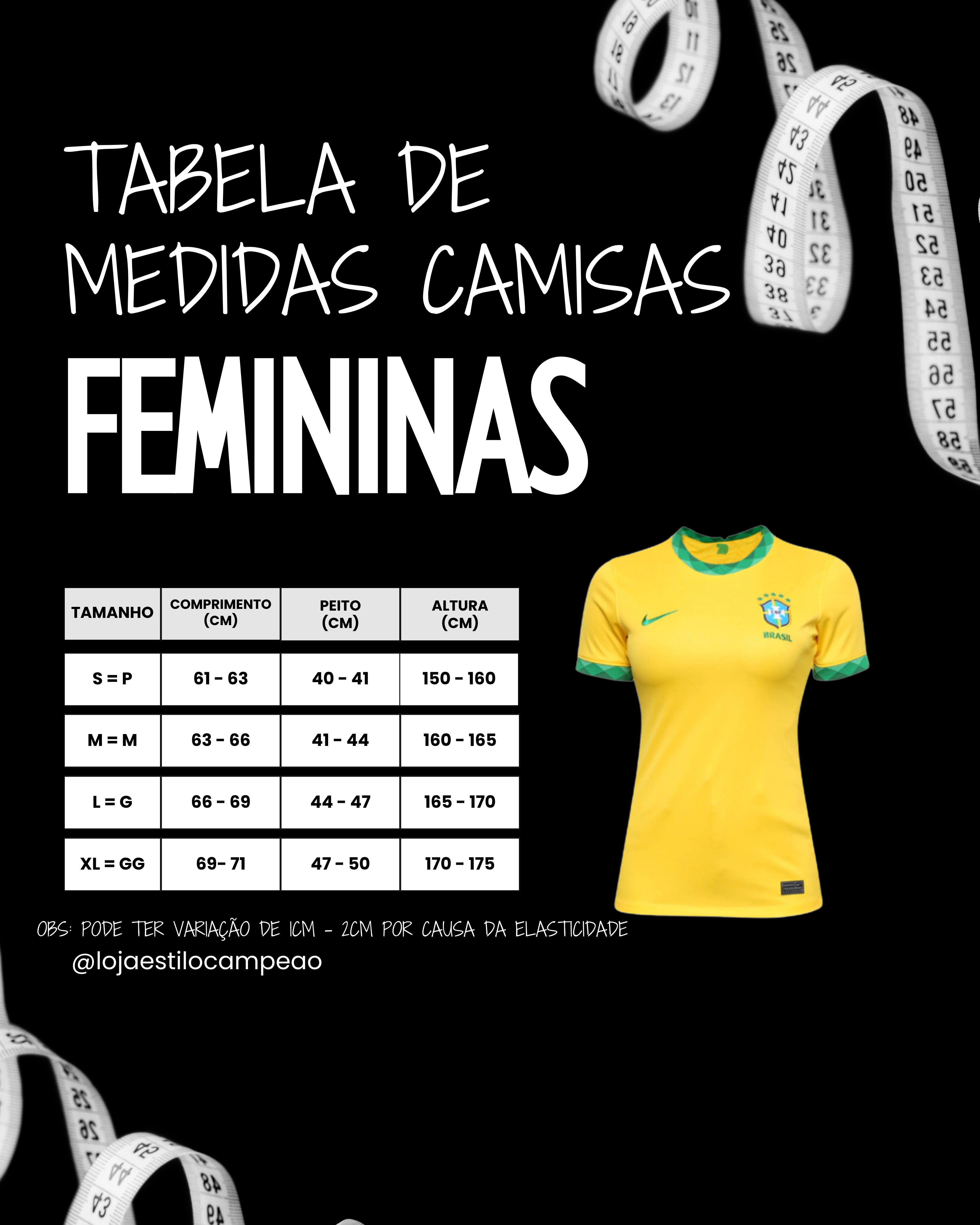 Tabela de Medidas de Peças de Roupa