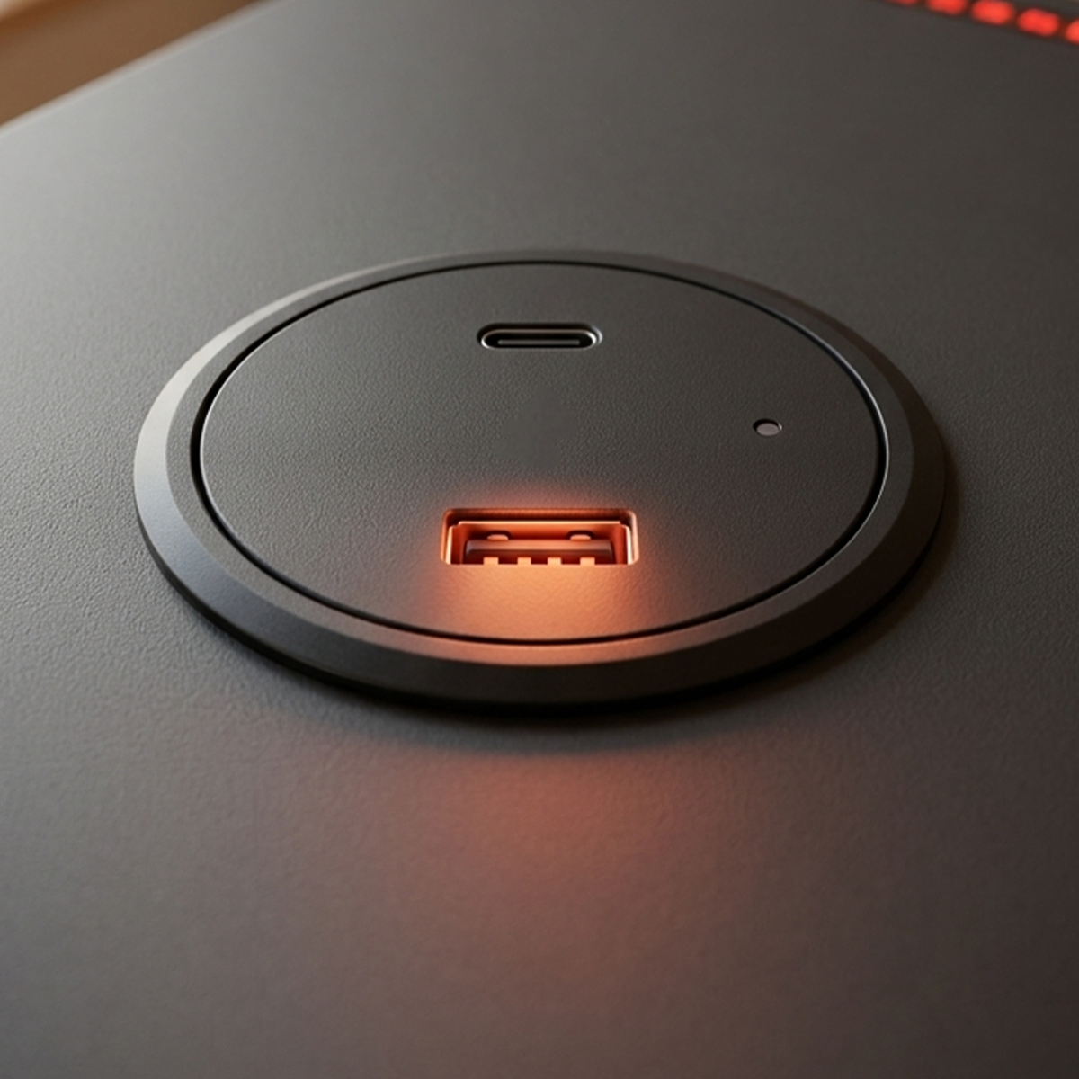Hub USB integrado con USB-A y USB-C en esquina trasera