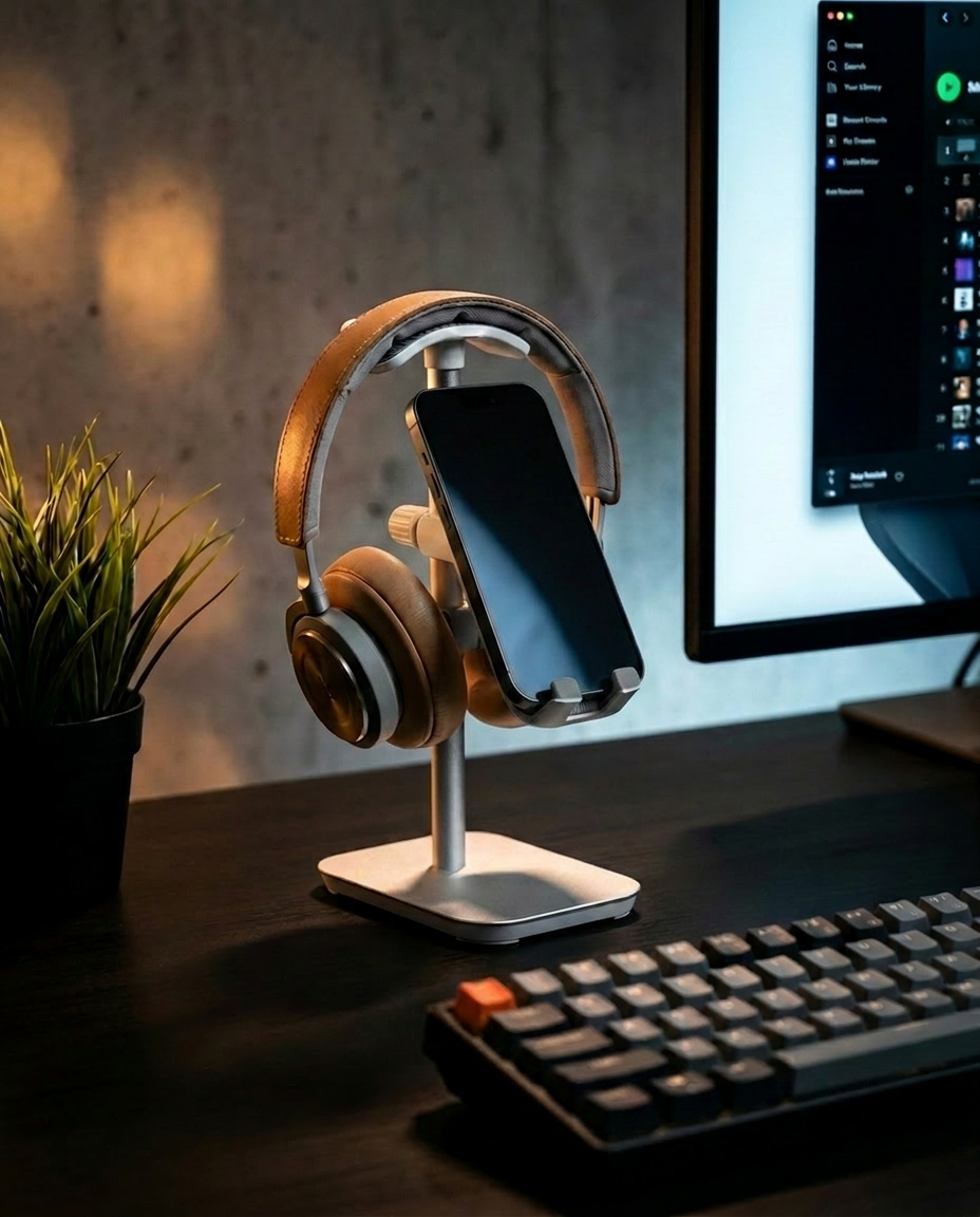 Soporte para auriculares Zentra de aluminio con un headset colgado del apoyacabezal