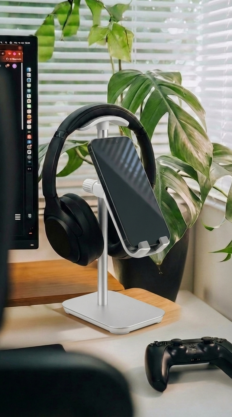Holder de celular ajustable en ángulo y altura en la base del soporte para auriculares