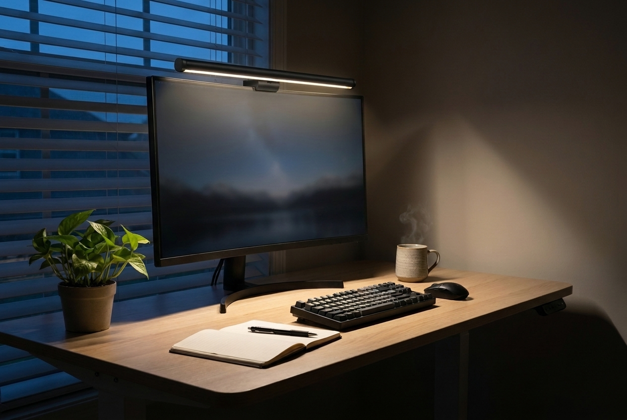 Barra de luz LED encendida arriba de un monitor, iluminando el teclado sin reflejos en la pantalla