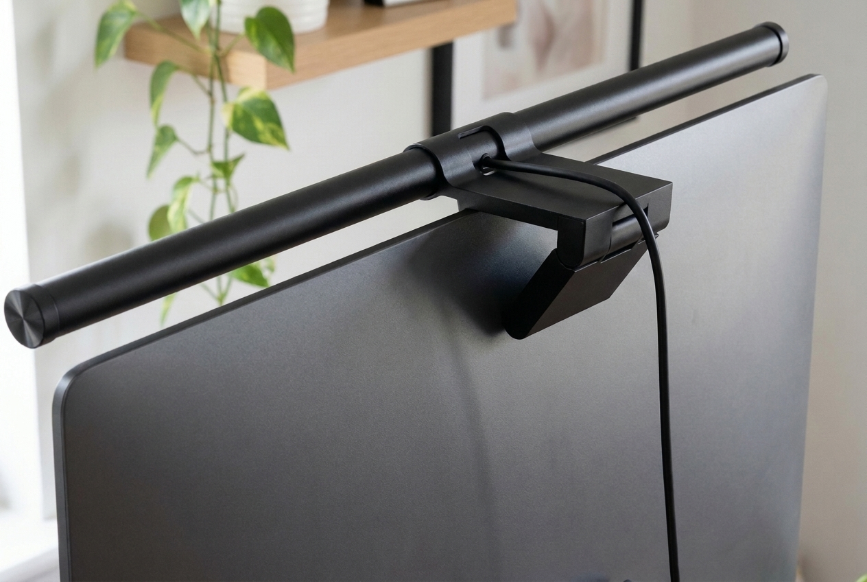 Clip de la barra de luz LED apoyado en el borde superior de un monitor, con el cable USB pasando por la base