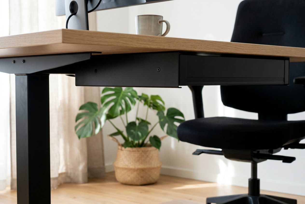 Cajón ultra fino instalado debajo de la tabla de un standing desk, con espacio libre para las piernas
