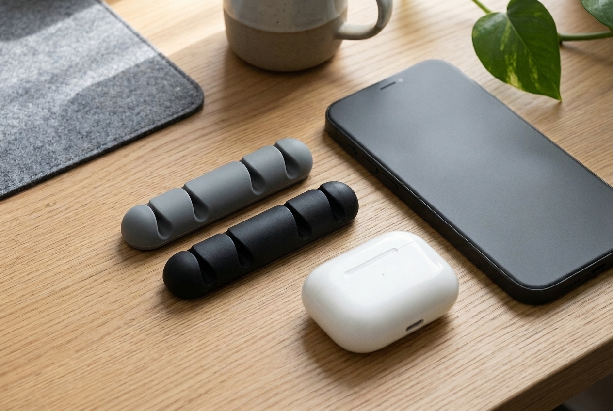 Clip organizador de cables de goma en negro y gris, en escala junto a una mano