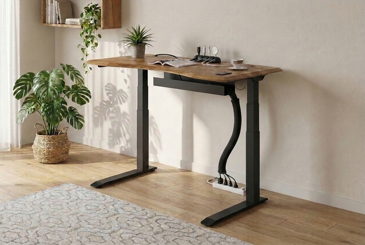Escritorio ordenado con clip organizador de cables, funda organizadora y bandeja portacables