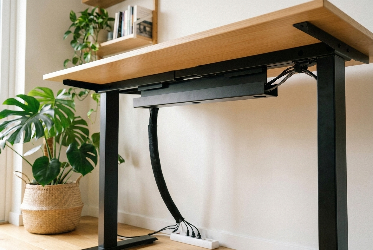 Funda organizadora de cables negra agrupando los cables que bajan de un standing desk Zentra