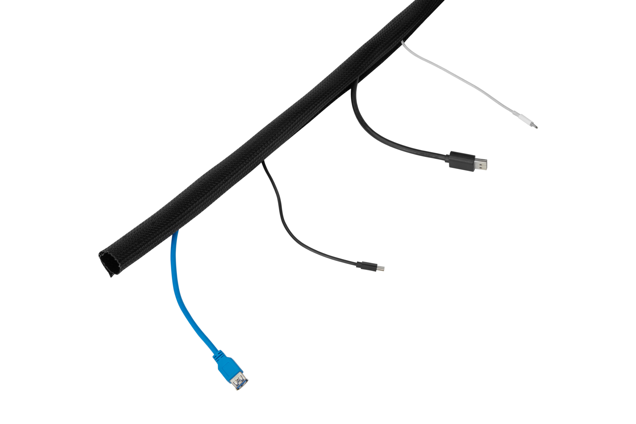 Funda de malla con cierre abrojo abierta, con cables saliendo en distintos puntos a lo largo