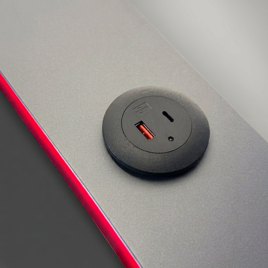 Hub USB integrado con USB-A y USB-C en esquina trasera