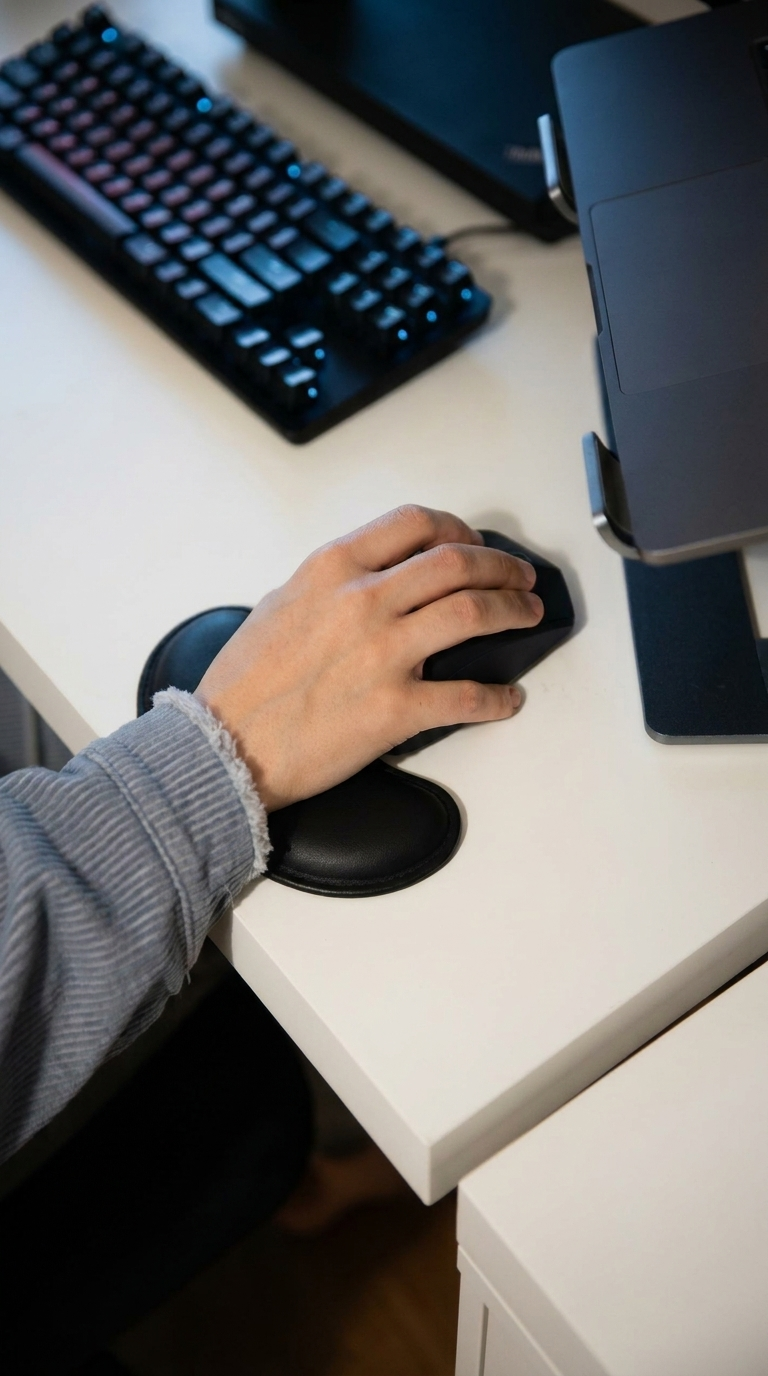 Mano sobre el mouse apoyada en el apoyamuñecas chico del kit Zentra