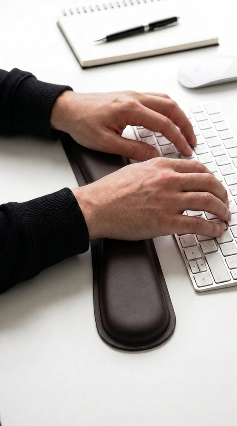 Manos tipeando en un teclado con el apoyamuñecas largo del kit Zentra delante