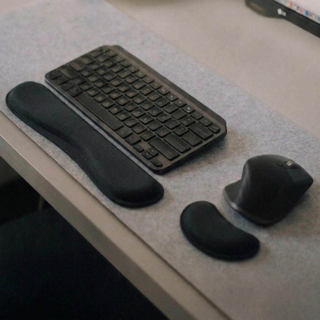Mano sobre el mouse apoyada en el apoyamuñecas chico del kit Zentra