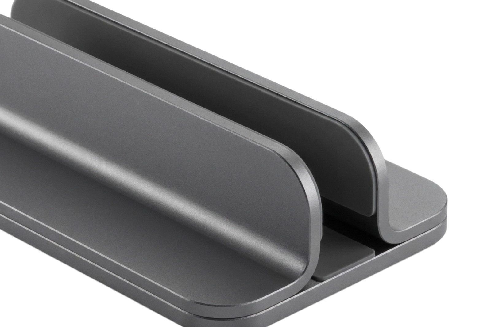 Detalle de la ranura regulable del soporte vertical para notebook con almohadillas de silicona