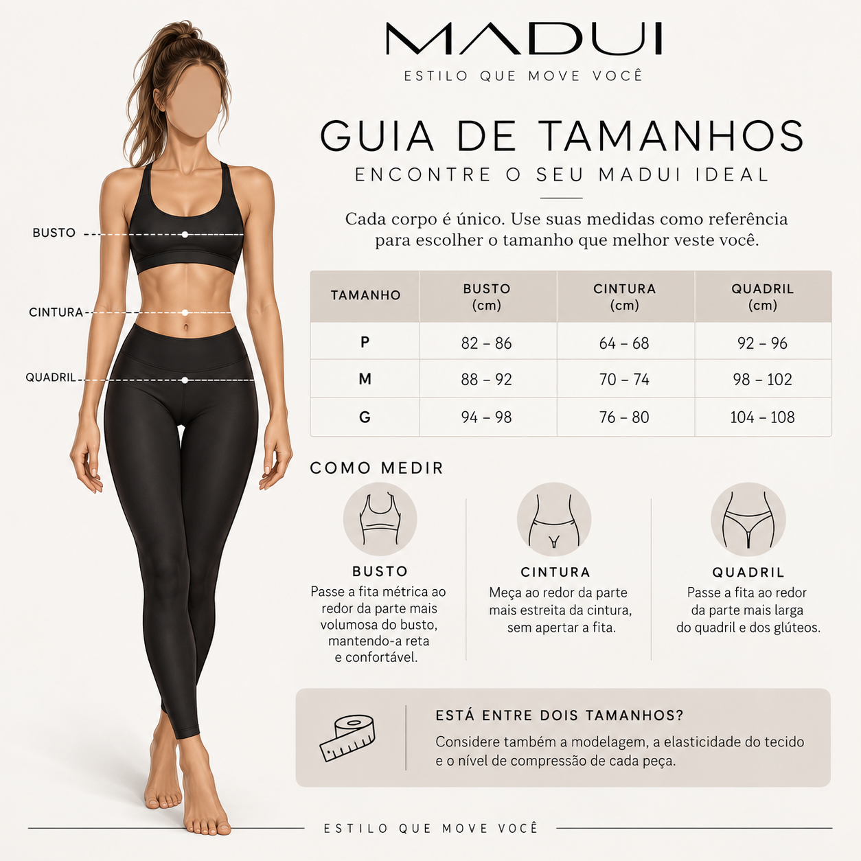 Guia de Tamanhos Madui - medidas de busto, cintura e quadril