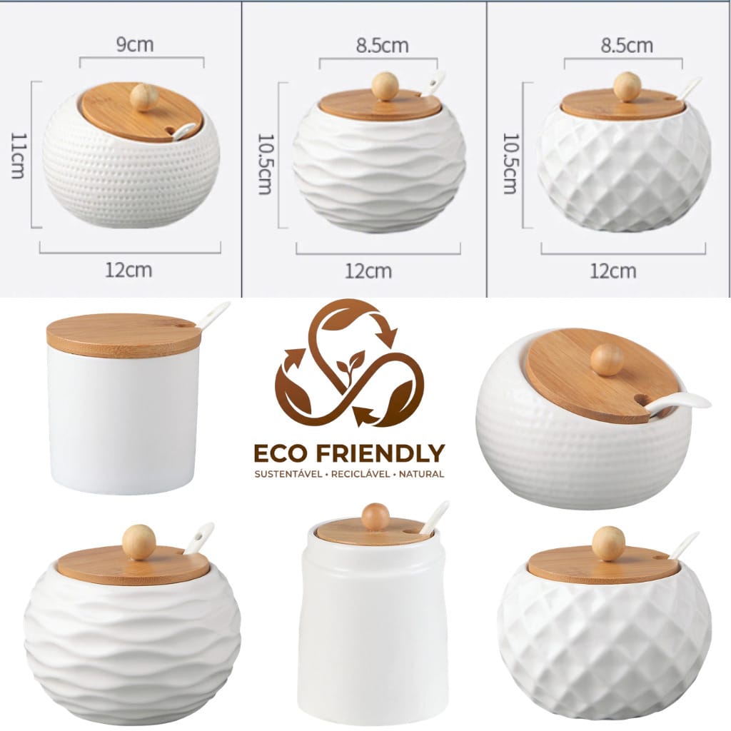 Pote de Cer&acirc;mica Premium para Temperos com Tampa de Bambu e Colher