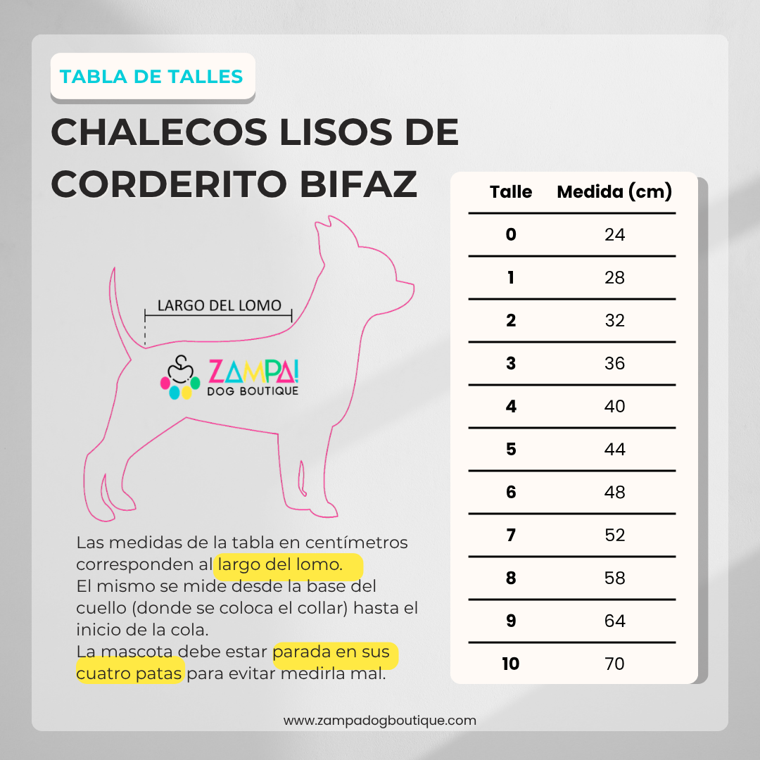 Tabla de talles - Chalecos lisos de corderito bifaz
